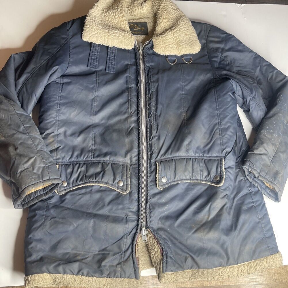 VTG 70s Cal Craft Blue Sherpa Western Jacket Mens Sz 2XL XL Nylon Distressed